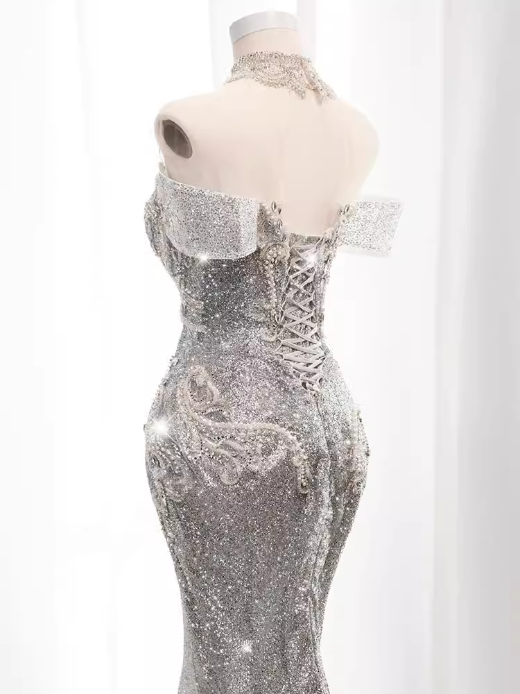 Luxury Mermaid Off The Shoulder Short Sleeves Silver Sequin Wedding Dresses