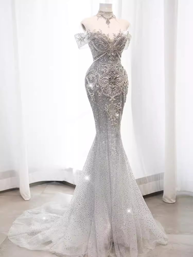 Luxury Mermaid Off The Shoulder Short Sleeves Silver Sequin Wedding Dresses