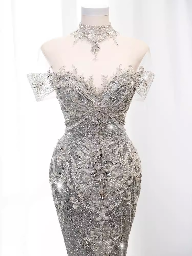 Luxury Mermaid Off The Shoulder Short Sleeves Silver Sequin Wedding Dresses