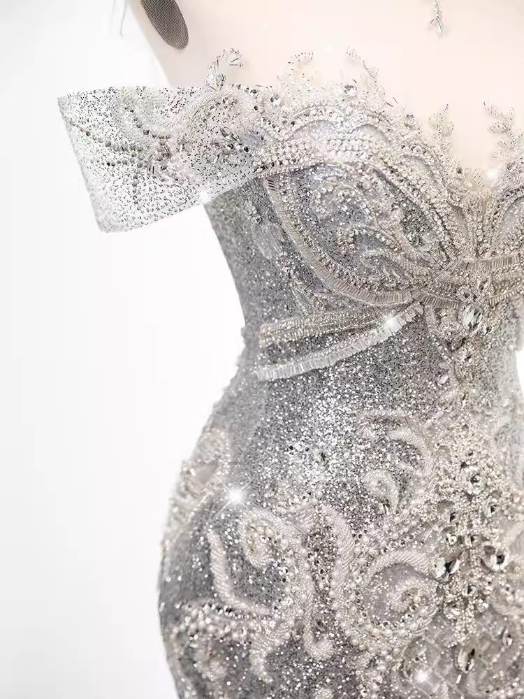 Luxury Mermaid Off The Shoulder Short Sleeves Silver Sequin Wedding Dresses