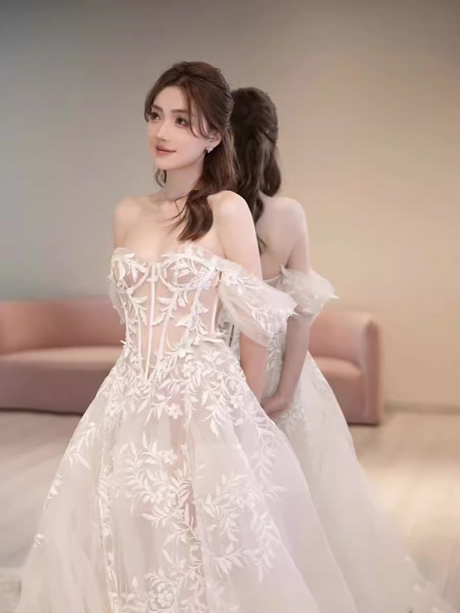 Chic A line Off The Shoulder White Lace Wedding Dress With Cap Sleeves