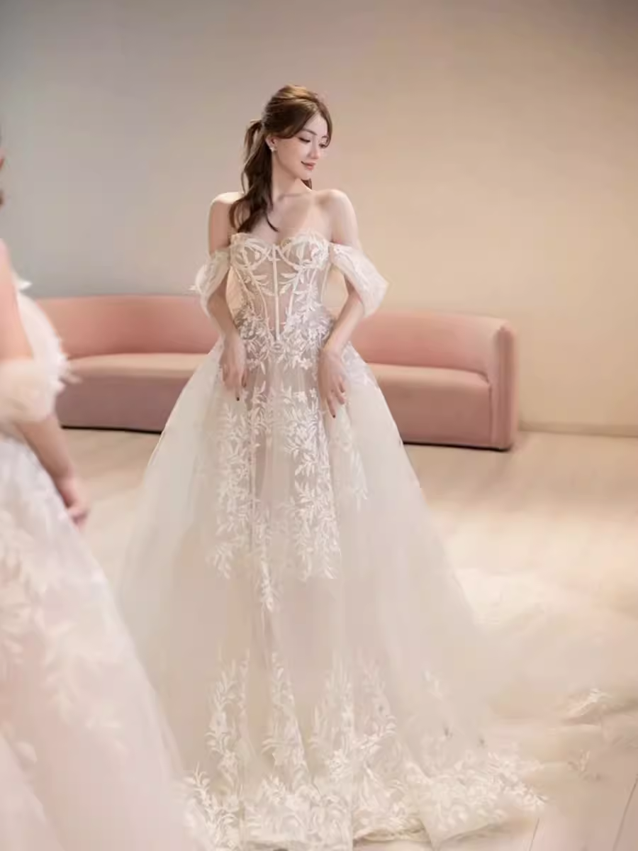 Chic A line Off The Shoulder White Lace Wedding Dress With Cap Sleeves