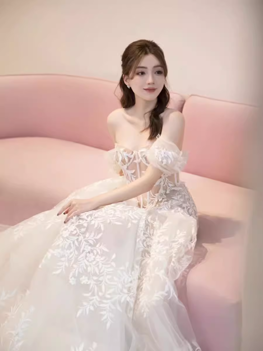 Chic A line Off The Shoulder White Lace Wedding Dress With Cap Sleeves