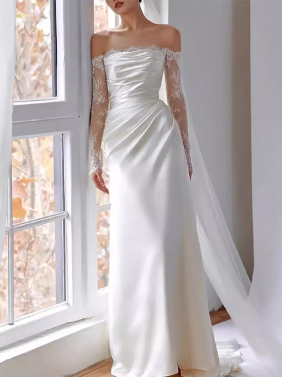 Chic Sheath Off The Shoulder Satin Lace White Wedding Dress With Long Sleeves