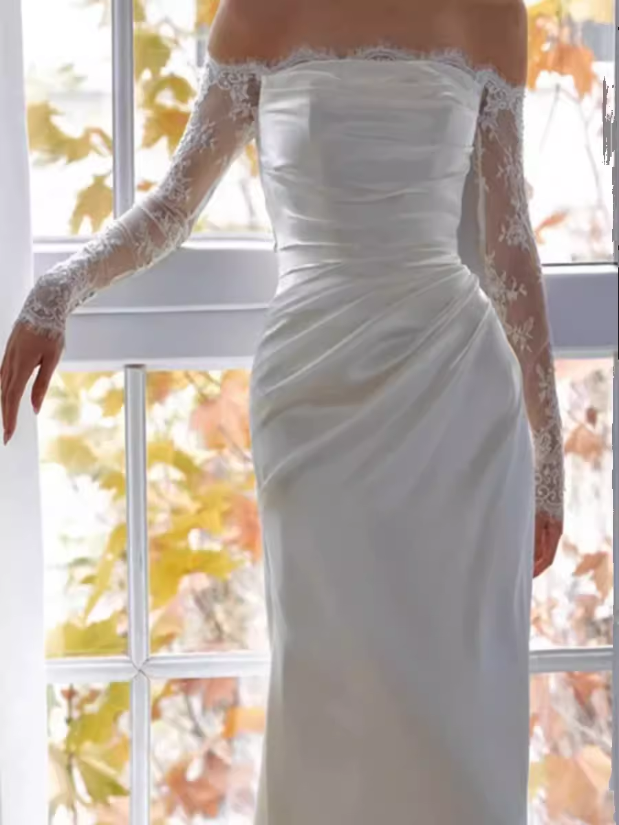 Chic Sheath Off The Shoulder Satin Lace White Wedding Dress With Long Sleeves