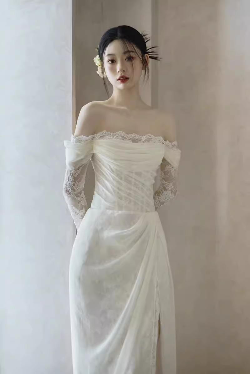 Chic Sheath Off The Shoulder Long Sleeves Lace White Wedding Dresses