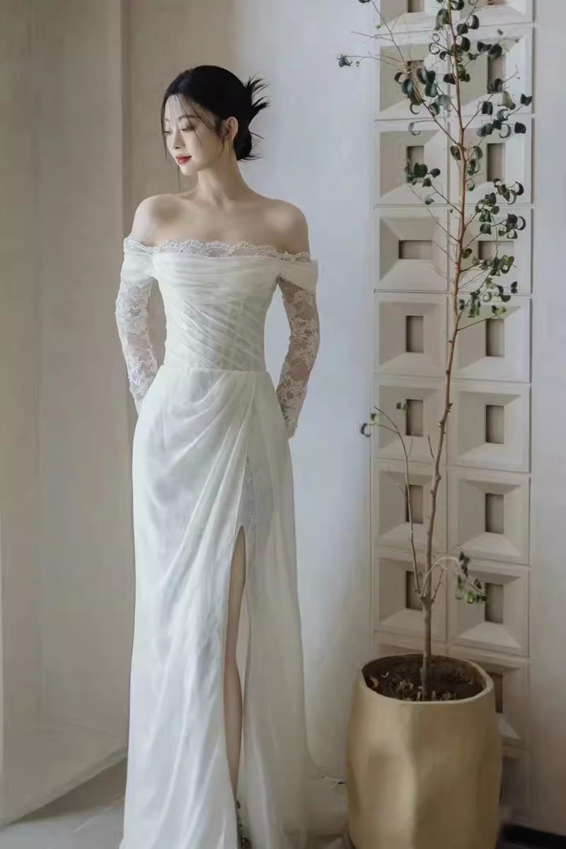 Chic Sheath Off The Shoulder Long Sleeves Lace White Wedding Dresses