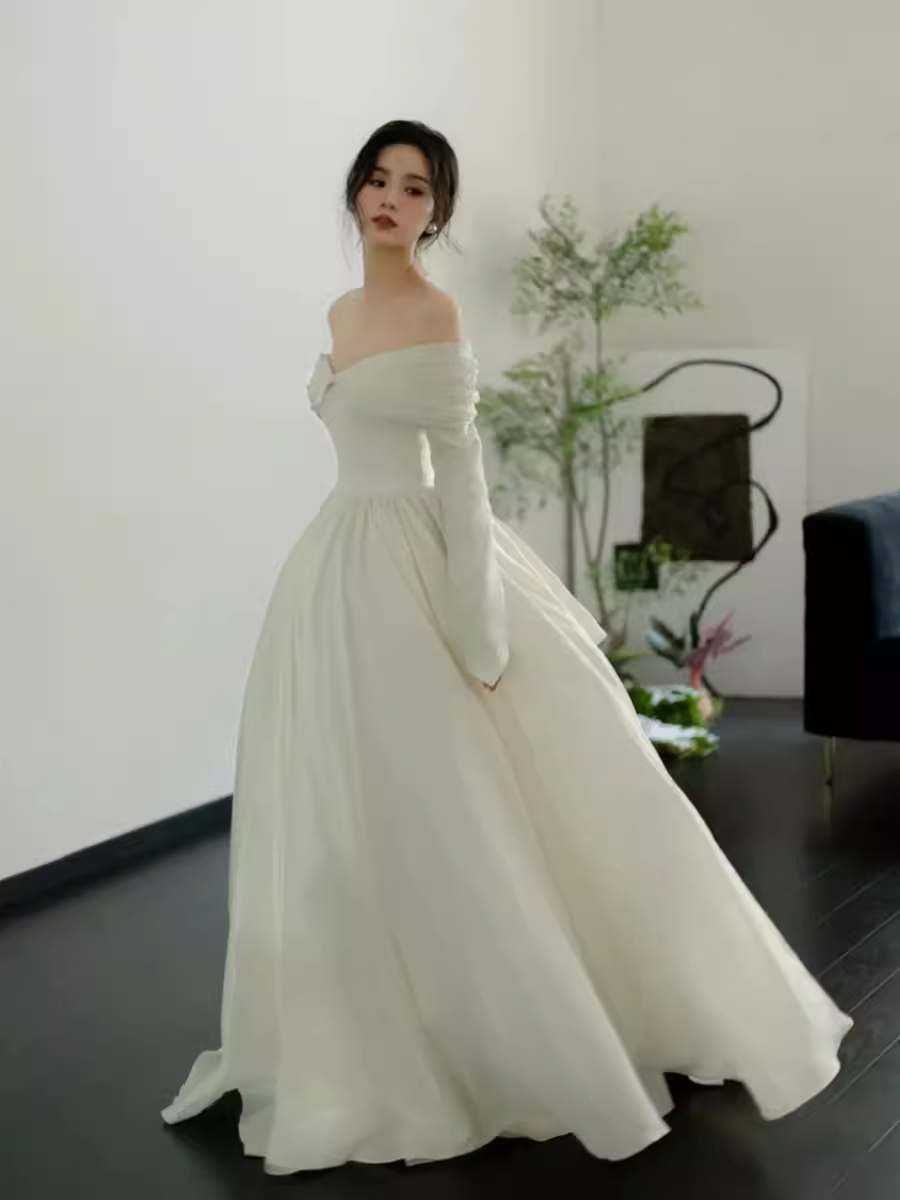 Simple Ball Gown Off The Shoulder Long Sleeves White Wedding Dresses