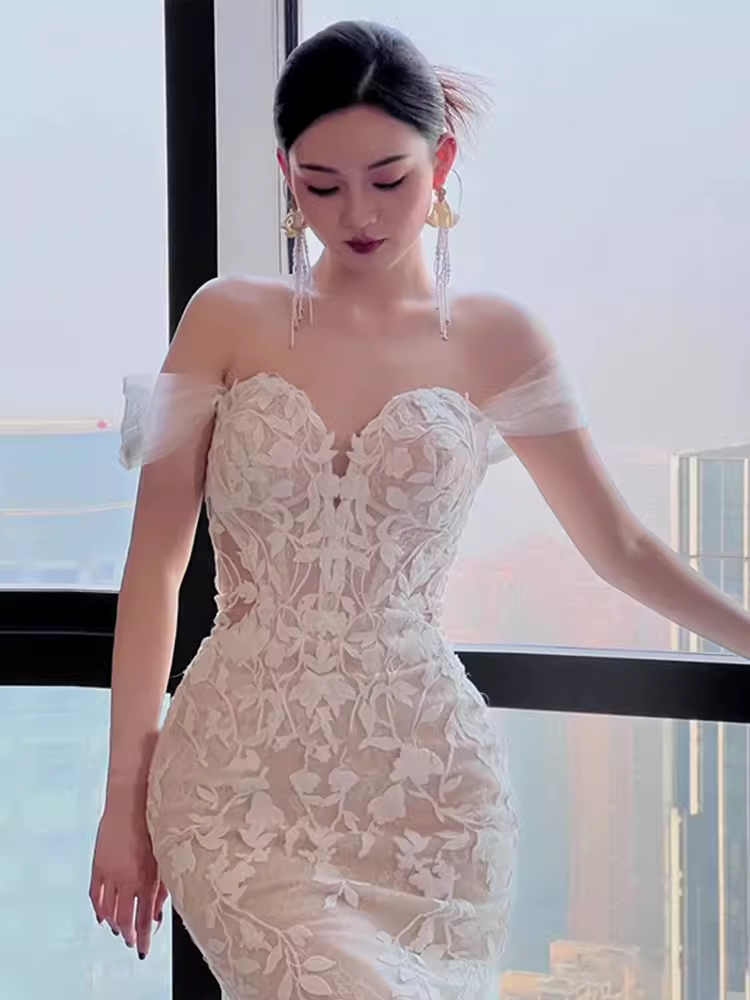 Sexy Mermaid Off The Shoulder Short Sleeves White Wedding Dresses