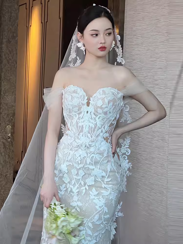 Sexy Mermaid Off The Shoulder Short Sleeves White Wedding Dresses