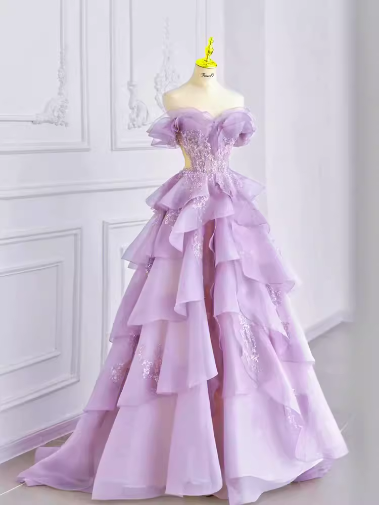 Fairy Ball Gown Off The Shoulder Lace Lilac Long Prom Dress