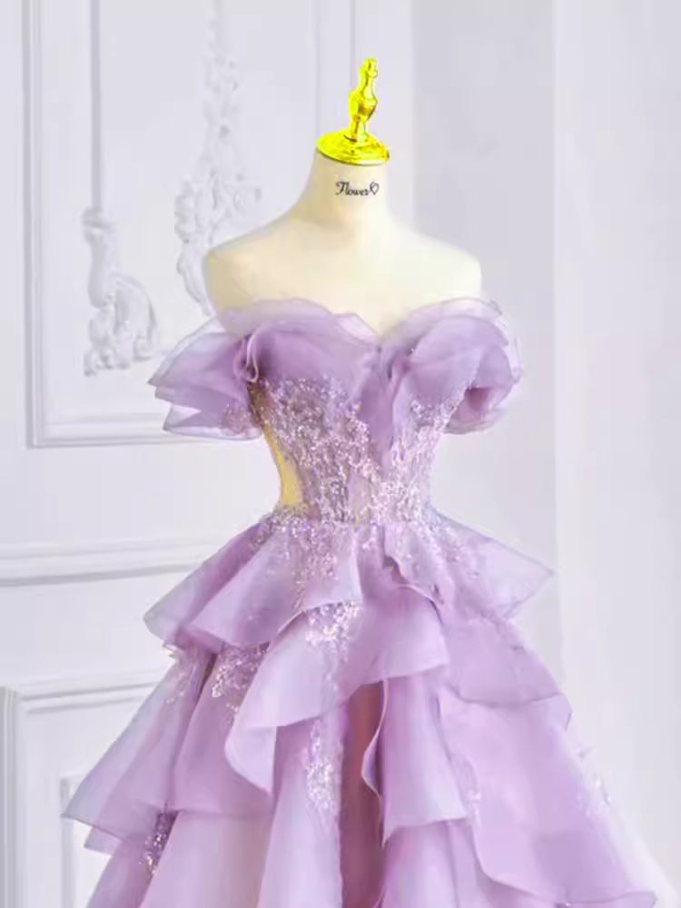 Fairy Ball Gown Off The Shoulder Lace Lilac Long Prom Dress