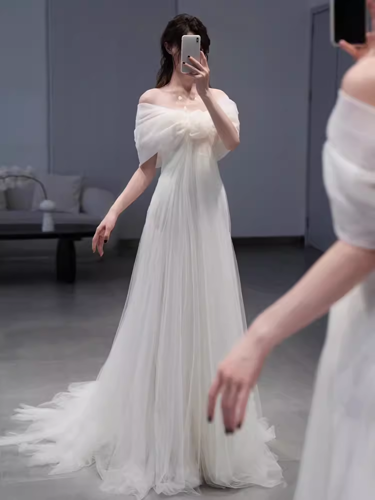 Simple A Line Off The Shoulder Tulle White Long Wedding Dresses