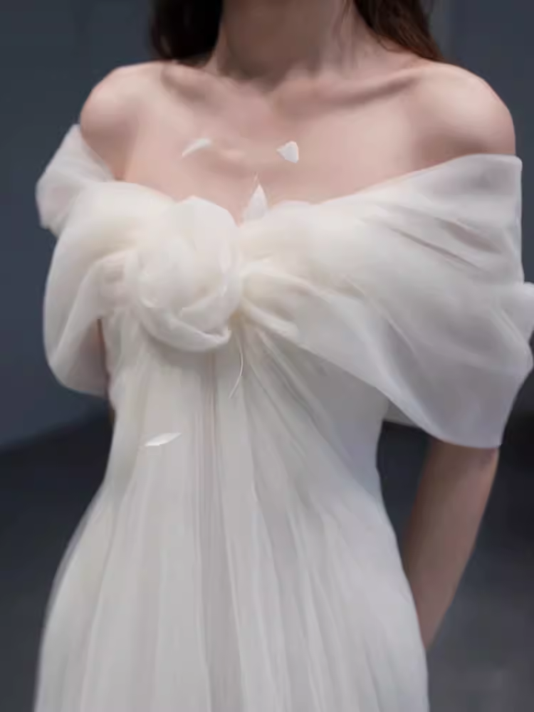 Simple A Line Off The Shoulder Tulle White Long Wedding Dresses