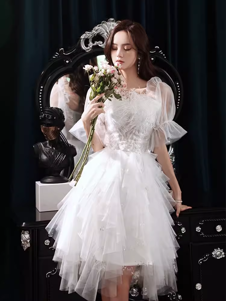 Cute A line Square Neckline Tulle Short Homecoming Dress White Hoco Dresses