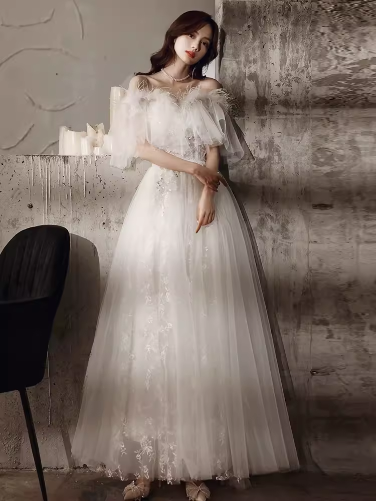 Princess A Line Off The Shoulder Tulle White Long Wedding Dresses