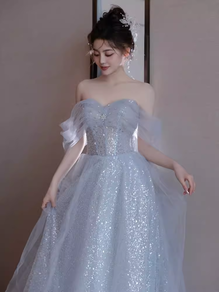 Sexy A line Off The Shoulder Tulle Gray Long Prom Dresses