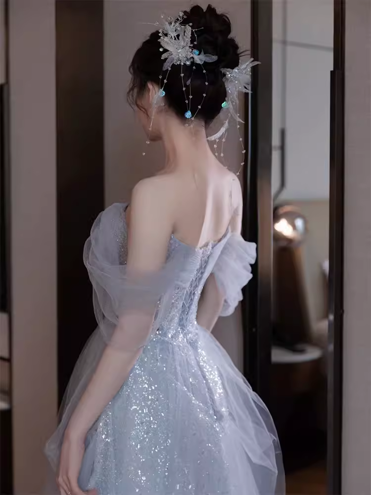 Sexy A line Off The Shoulder Tulle Gray Long Prom Dresses