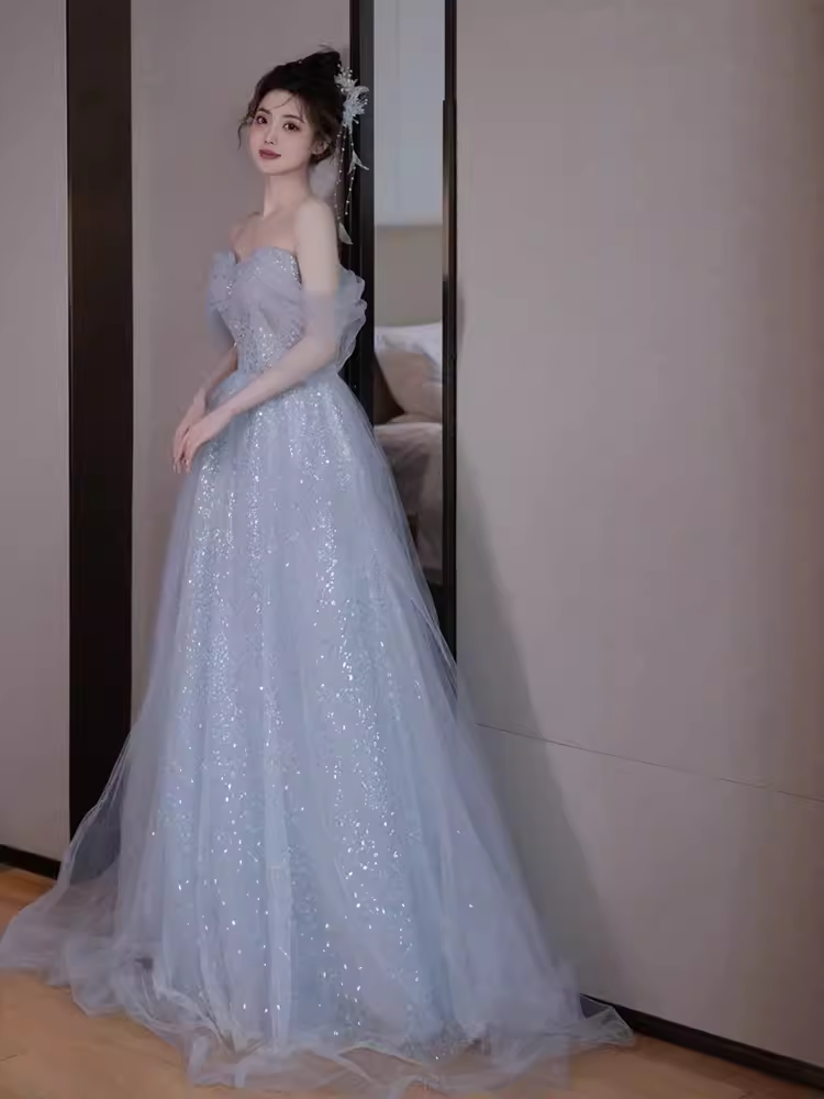 Sexy A line Off The Shoulder Tulle Gray Long Prom Dresses