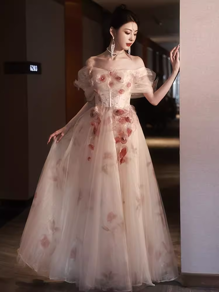 Sexy A line Off The Shoulder Tulle Flowers Long Prom Dresses