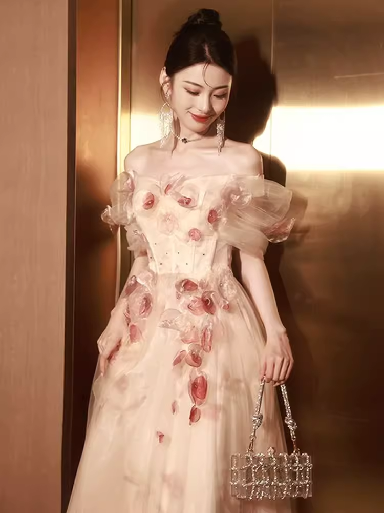 Sexy A line Off The Shoulder Tulle Flowers Long Prom Dresses