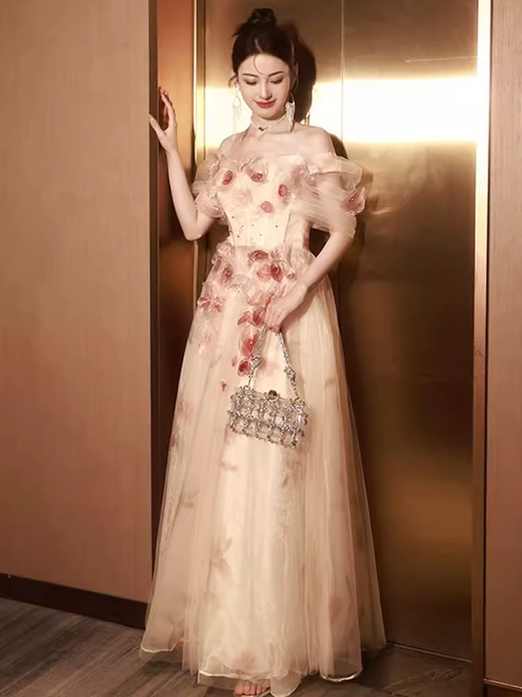 Sexy A line Off The Shoulder Tulle Flowers Long Prom Dresses
