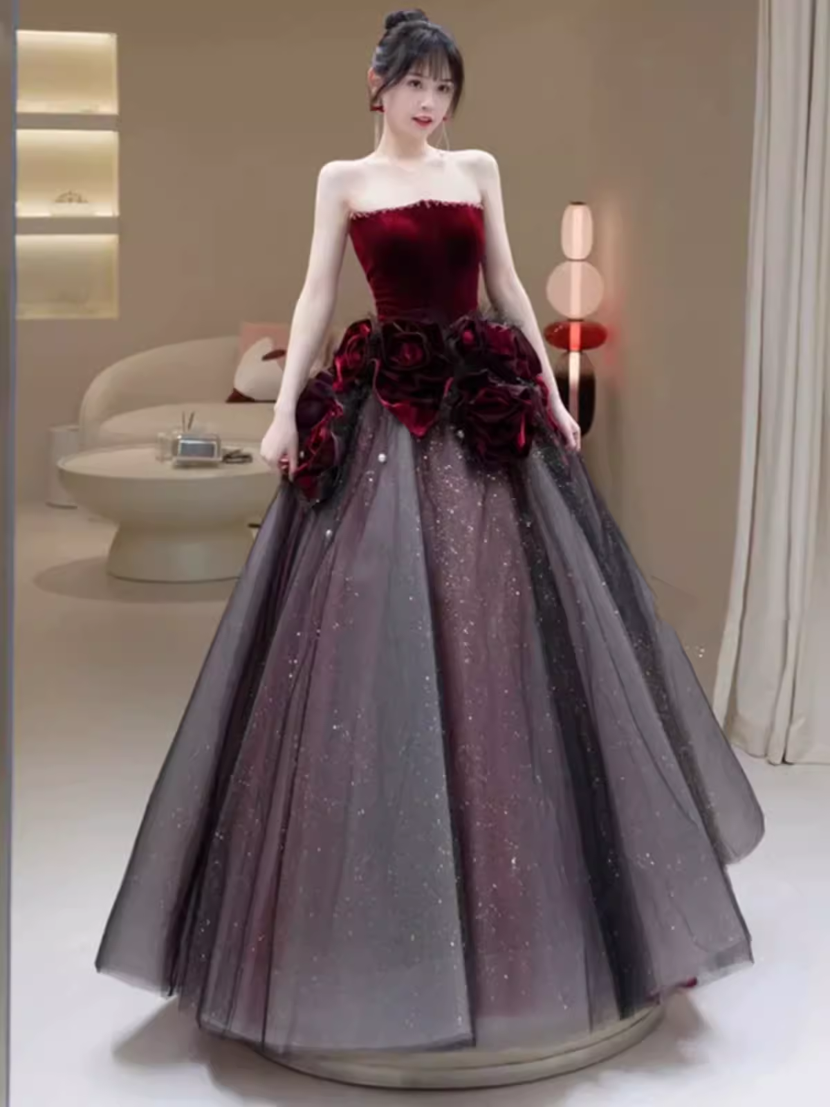 Sexy Ball Gown Strapless Velvet Burgundy Tulle Flowers Long Prom Dresses