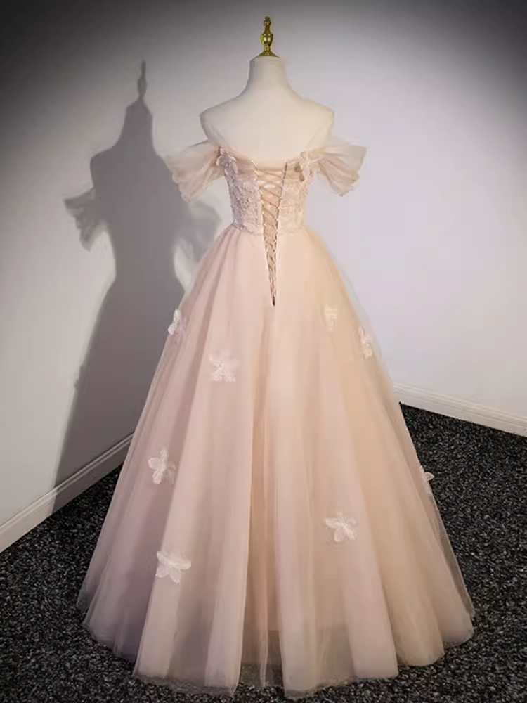 Pretty Ball Gown Off The Shoulder Tulle Lace Long Prom Dresses