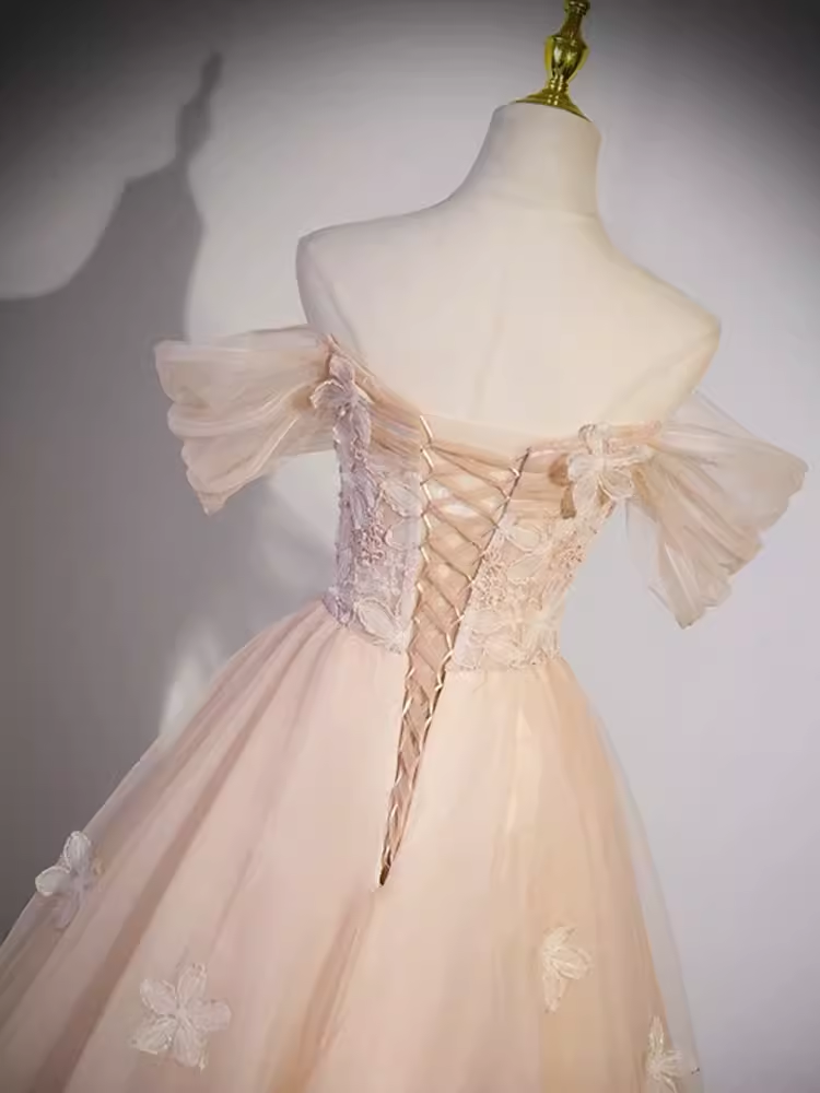 Pretty Ball Gown Off The Shoulder Tulle Lace Long Prom Dresses