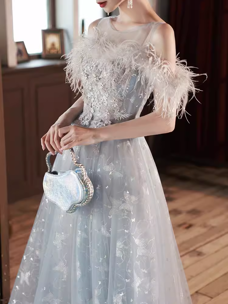 Pretty A Line Off The Shoulder Tulle Gray Long Prom Dresses