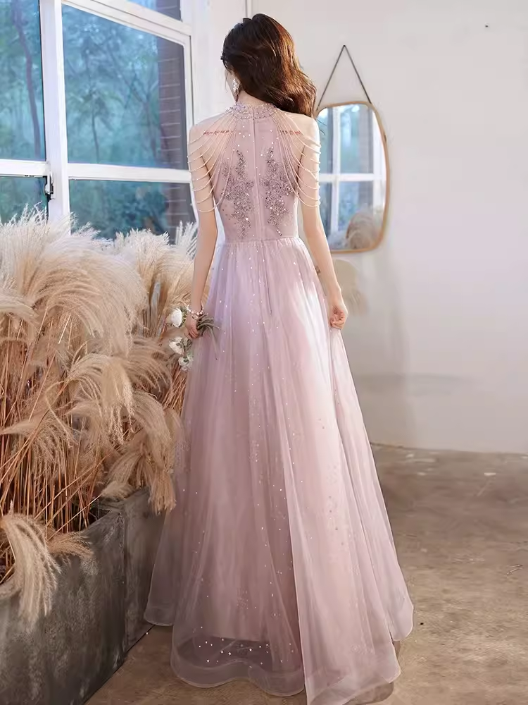 Pretty A Line High Neckline Tulle Pink Long Prom Dresses