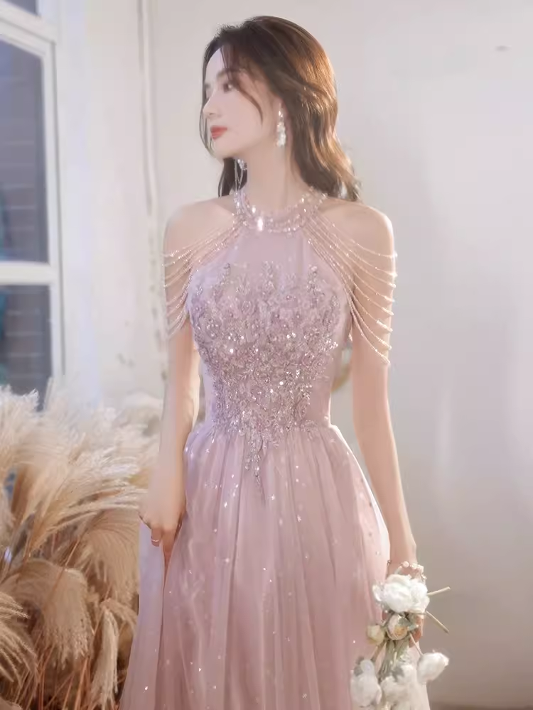 Pretty A Line High Neckline Tulle Pink Long Prom Dresses