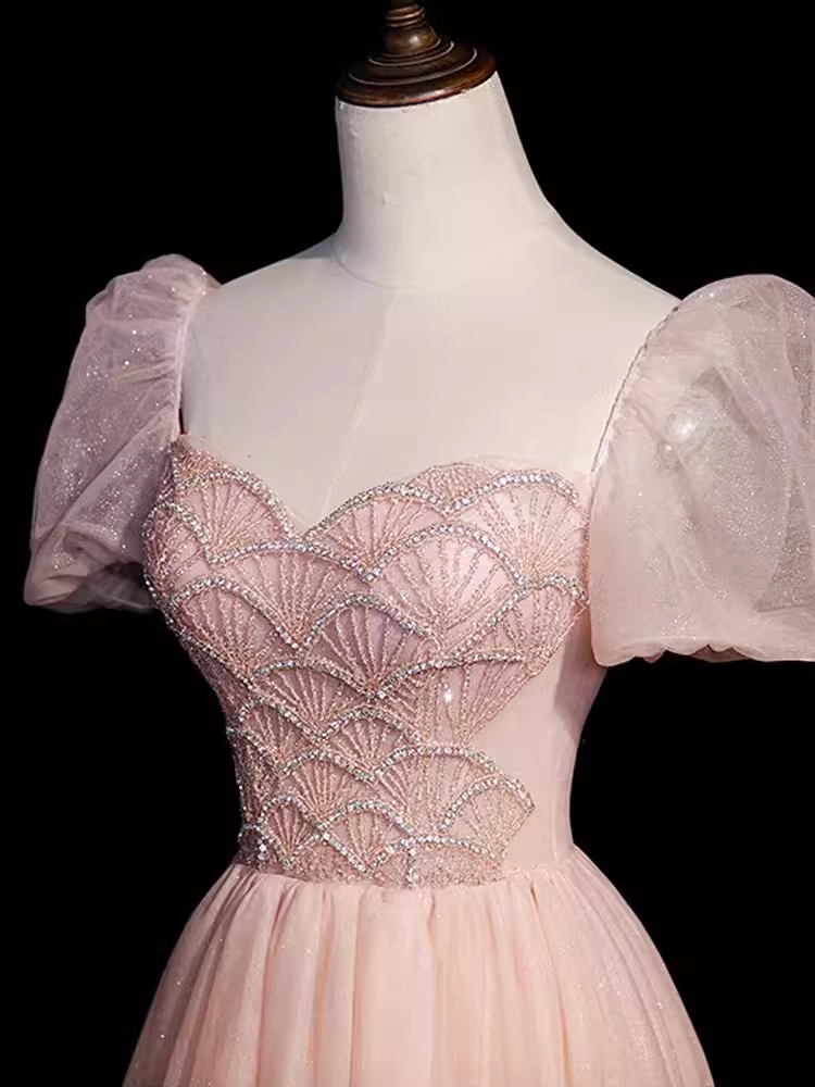 Pretty A Line Sweetheart Tulle Pink Beads Long Prom Dresses