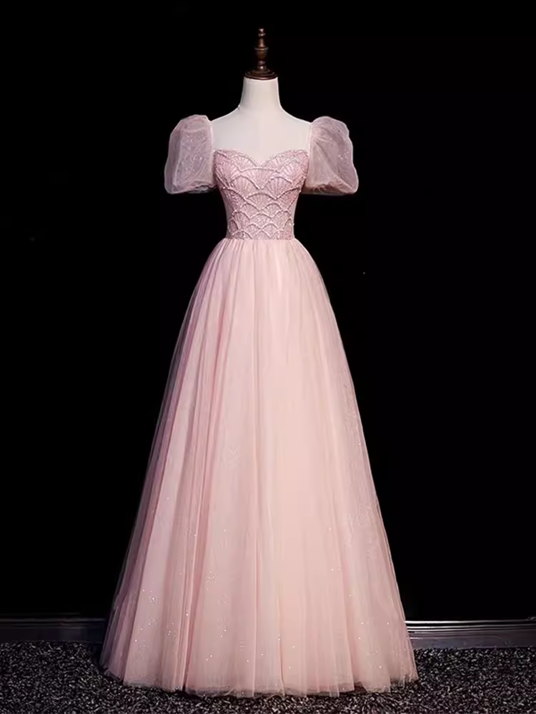 Pretty A Line Sweetheart Tulle Pink Beads Long Prom Dresses