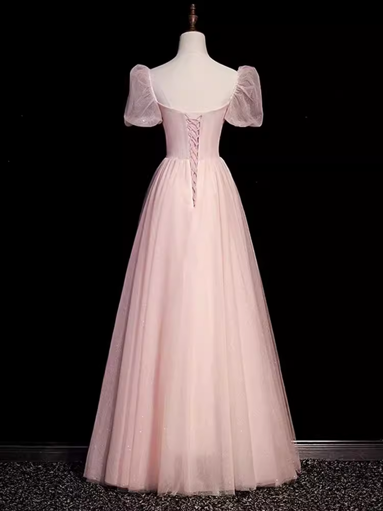 Pretty A Line Sweetheart Tulle Pink Beads Long Prom Dresses