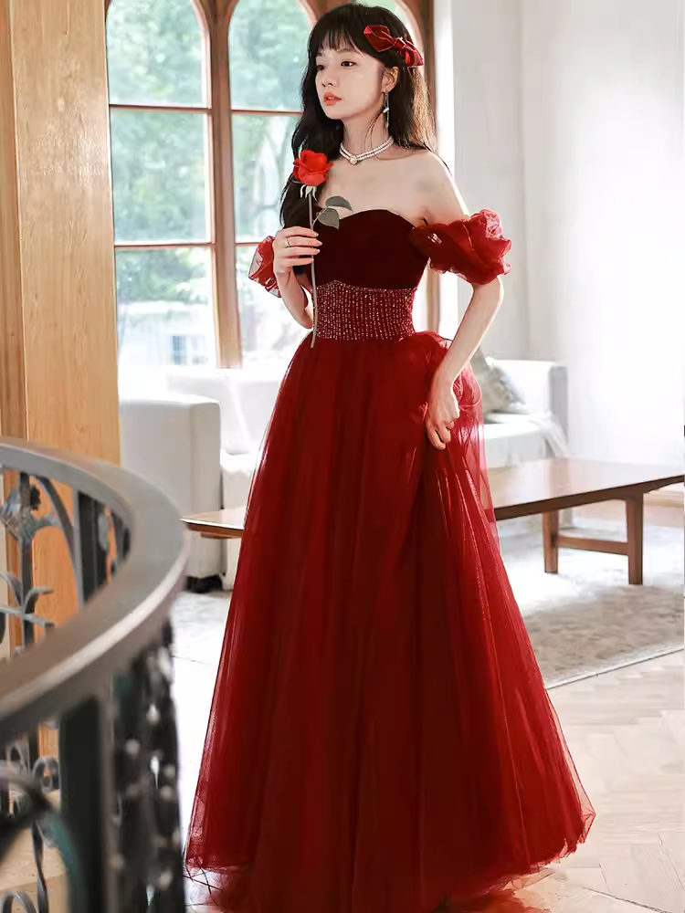Pretty A Line Off The Shoulder Burgundy Tulle Beads Long Prom Dresses
