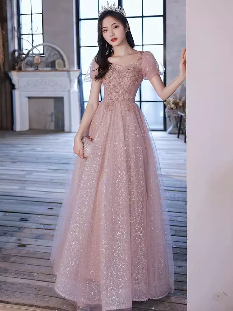 Pretty A Line Short Puffy Sleeves Pink Tulle Beads Long Prom Dresses