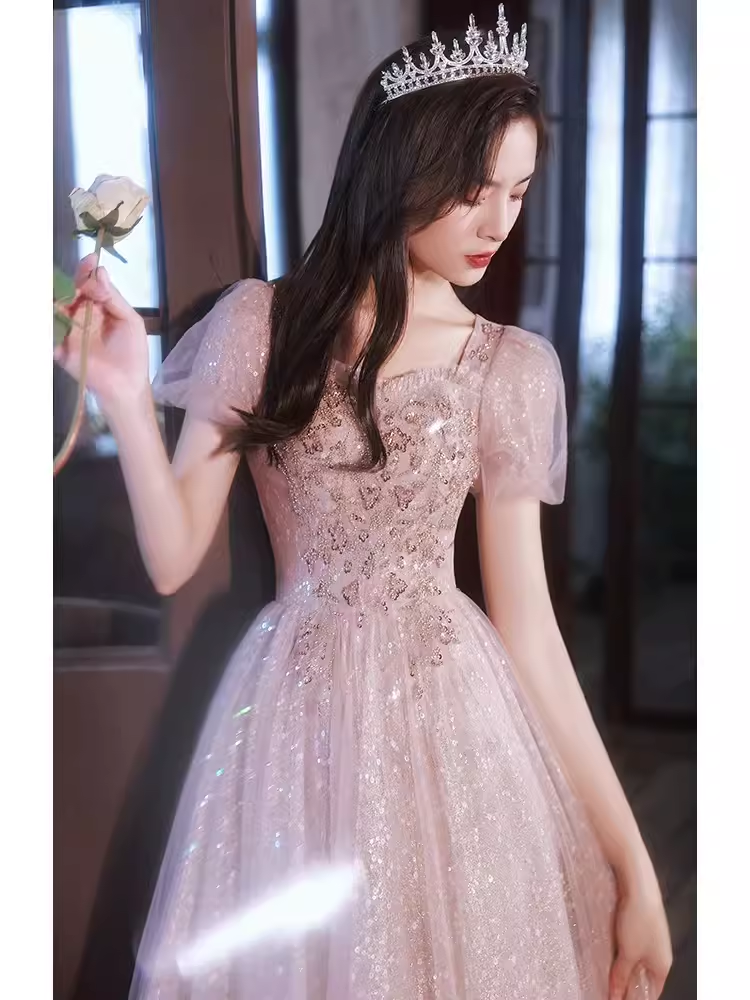 Pretty A Line Short Puffy Sleeves Pink Tulle Beads Long Prom Dresses