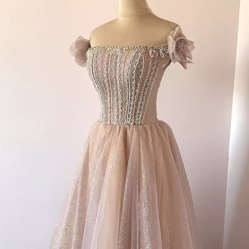 Pretty A Line Off The Shoulder Beads Tulle Sequin Long Prom Dresses