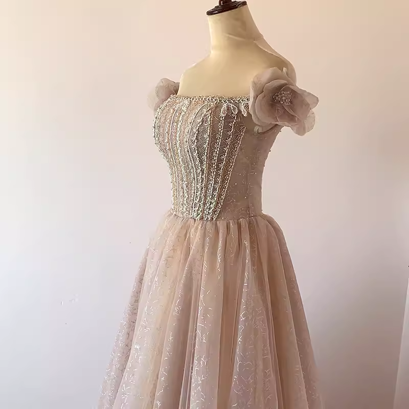 Pretty A Line Off The Shoulder Beads Tulle Sequin Long Prom Dresses