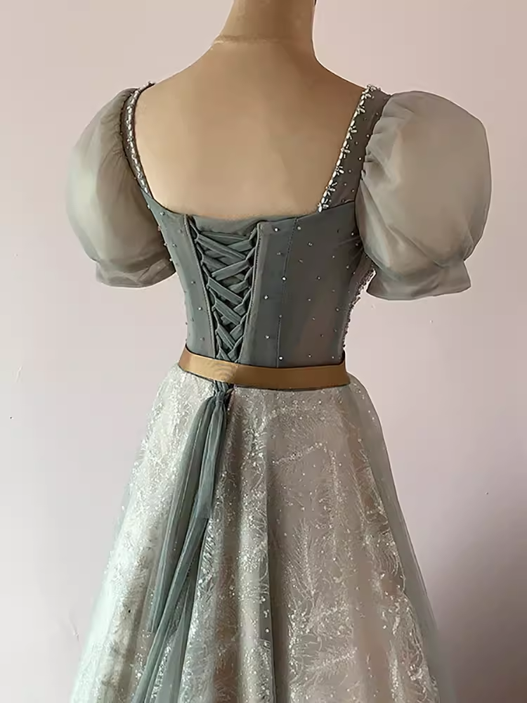 Pretty A Line Square Neckline Tulle Sequin Beads Long Prom Dresses