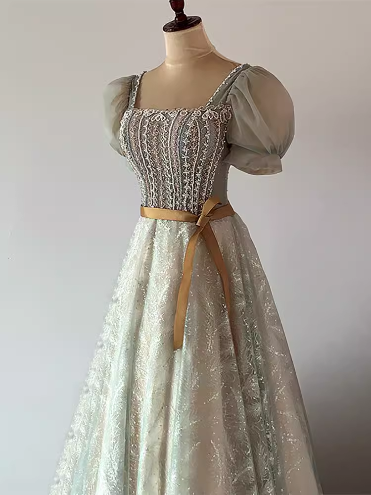 Pretty A Line Square Neckline Tulle Sequin Beads Long Prom Dresses