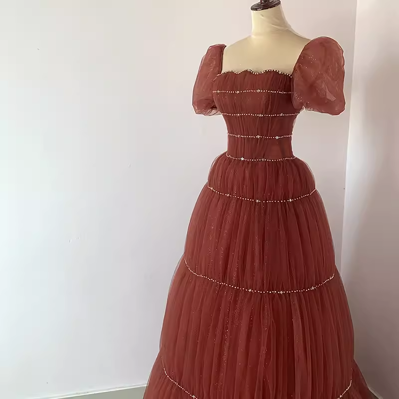 Pretty A Line Square Neckline Tulle Burgundy Beads Long Prom Dresses