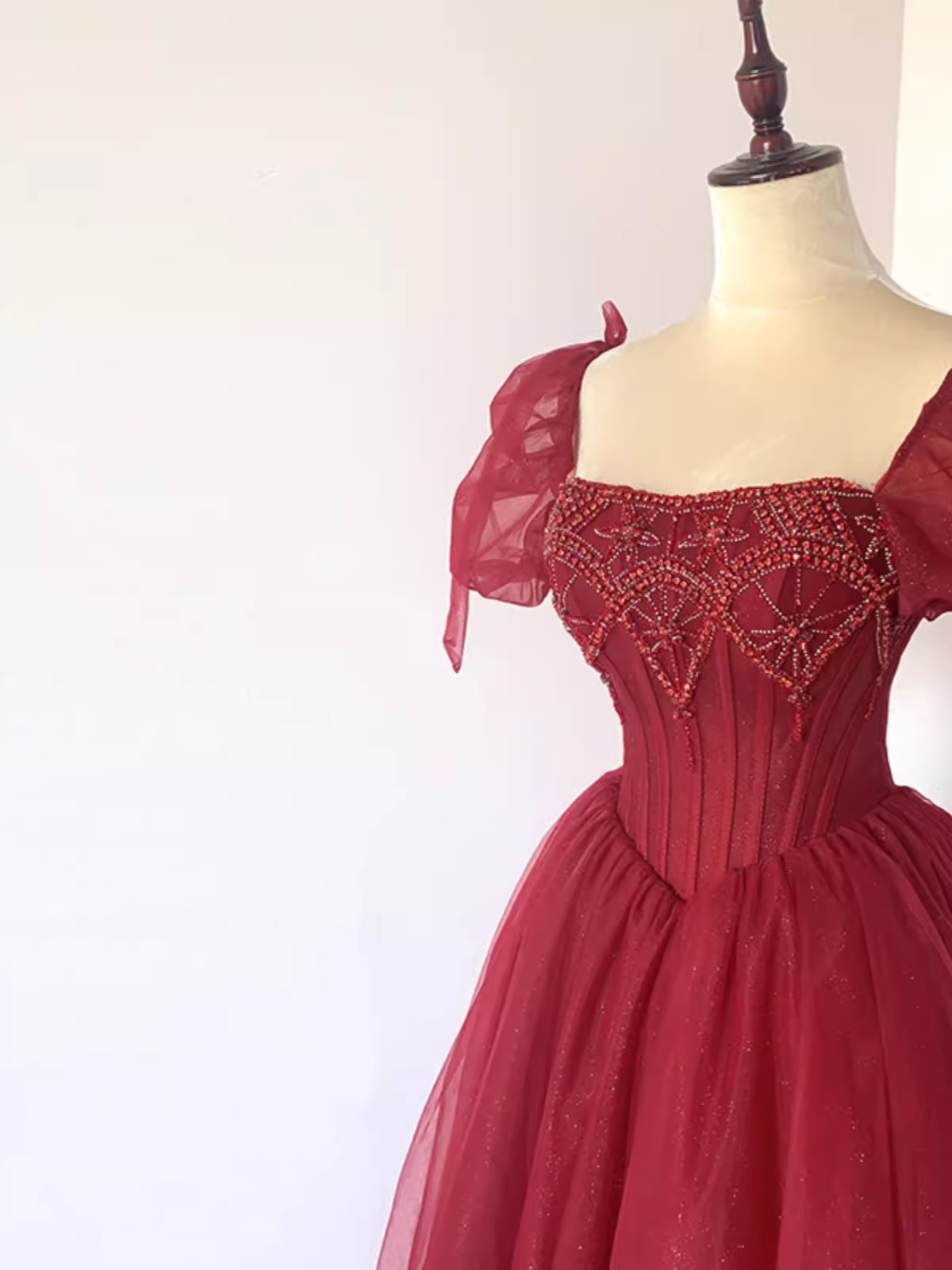 Pretty A Line Square Neckline Tulle Burgundy Beads Long Prom Dresses