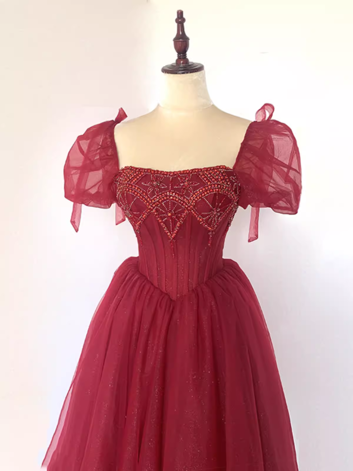Pretty A Line Square Neckline Tulle Burgundy Beads Long Prom Dresses