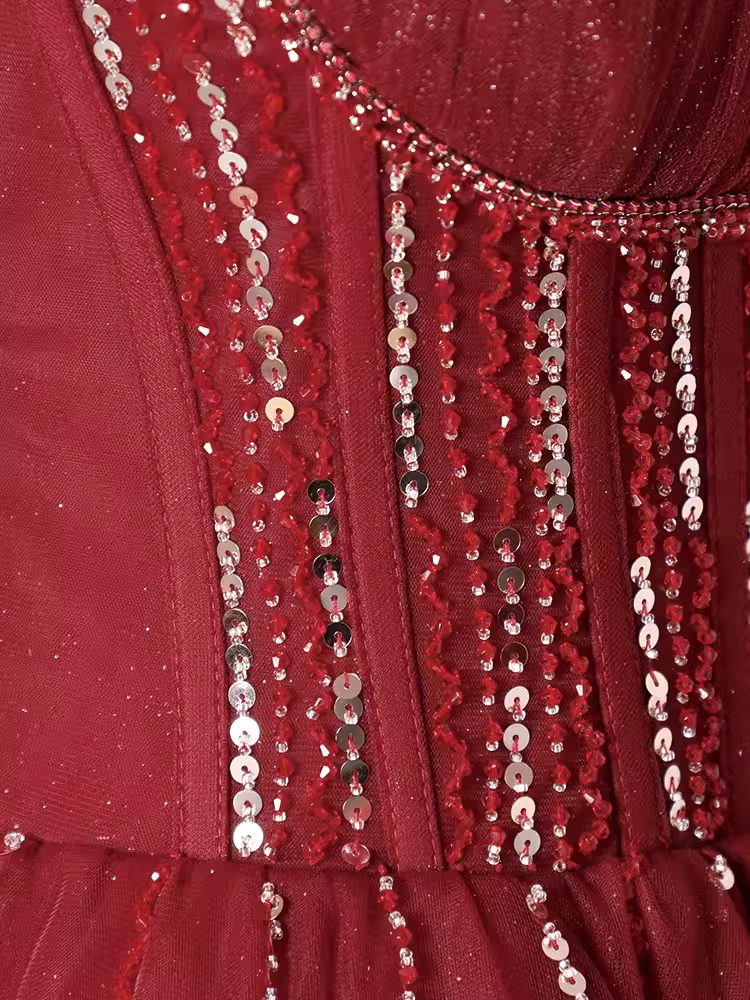 Pretty A Line Square Neckline Tulle Burgundy Beads Long Prom Dresses