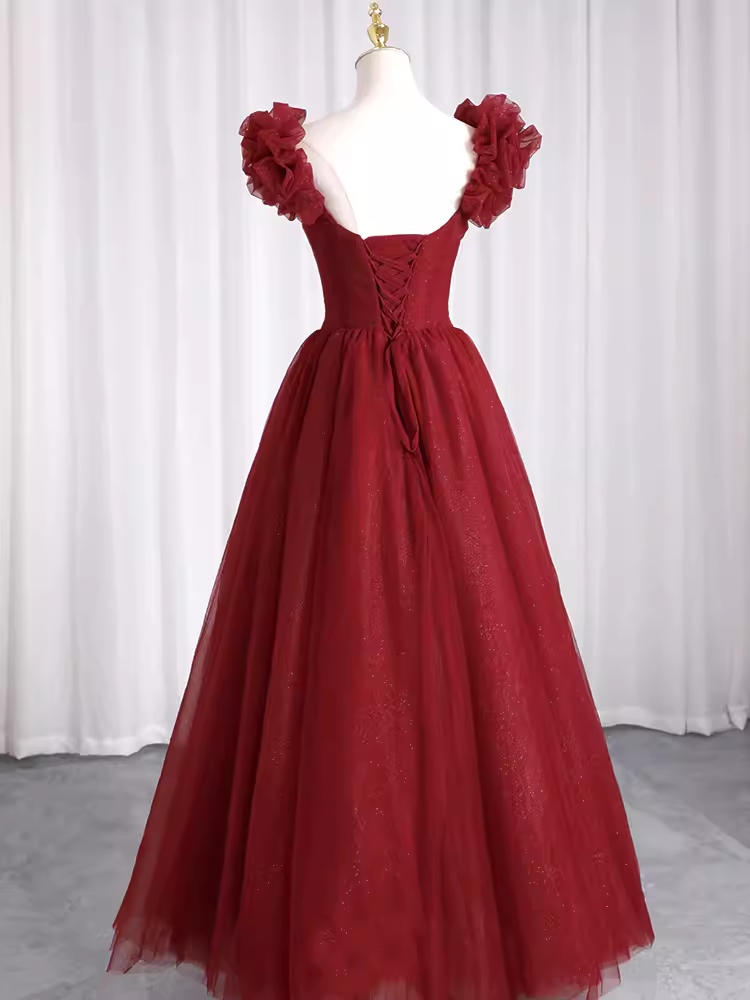 Pretty A Line Square Neckline Tulle Burgundy Beads Long Prom Dresses