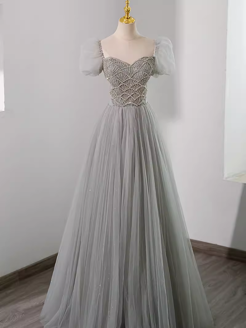 Elegant A Line Gray Tulle Beadings Long Prom Dress