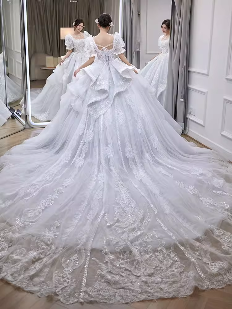 Vintage Ball Gown Square Neckline Short Sleeves Lace Wedding Dress