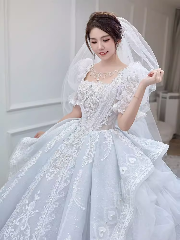 Vintage Ball Gown Square Neckline Short Sleeves Lace Wedding Dress
